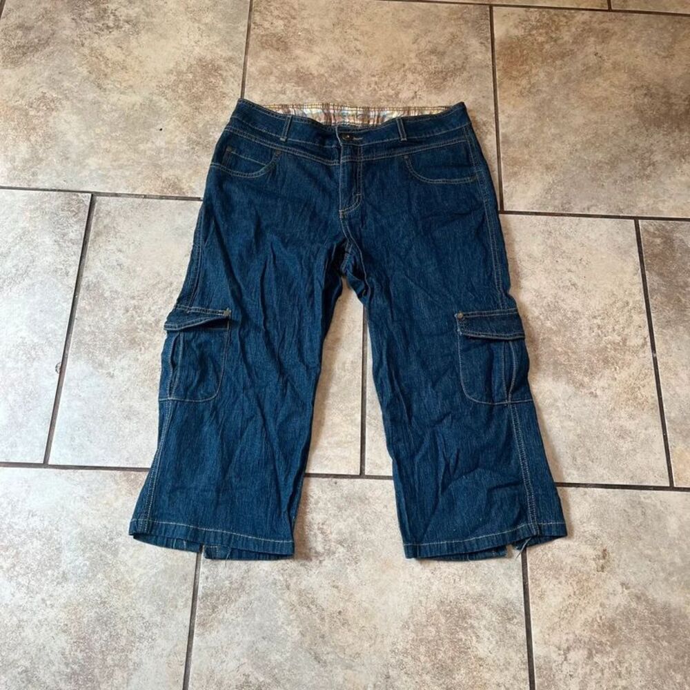 Vintage Y2K Riders by Lee Denim Cargo Capris Plaid Waistband Women's Size 13/14